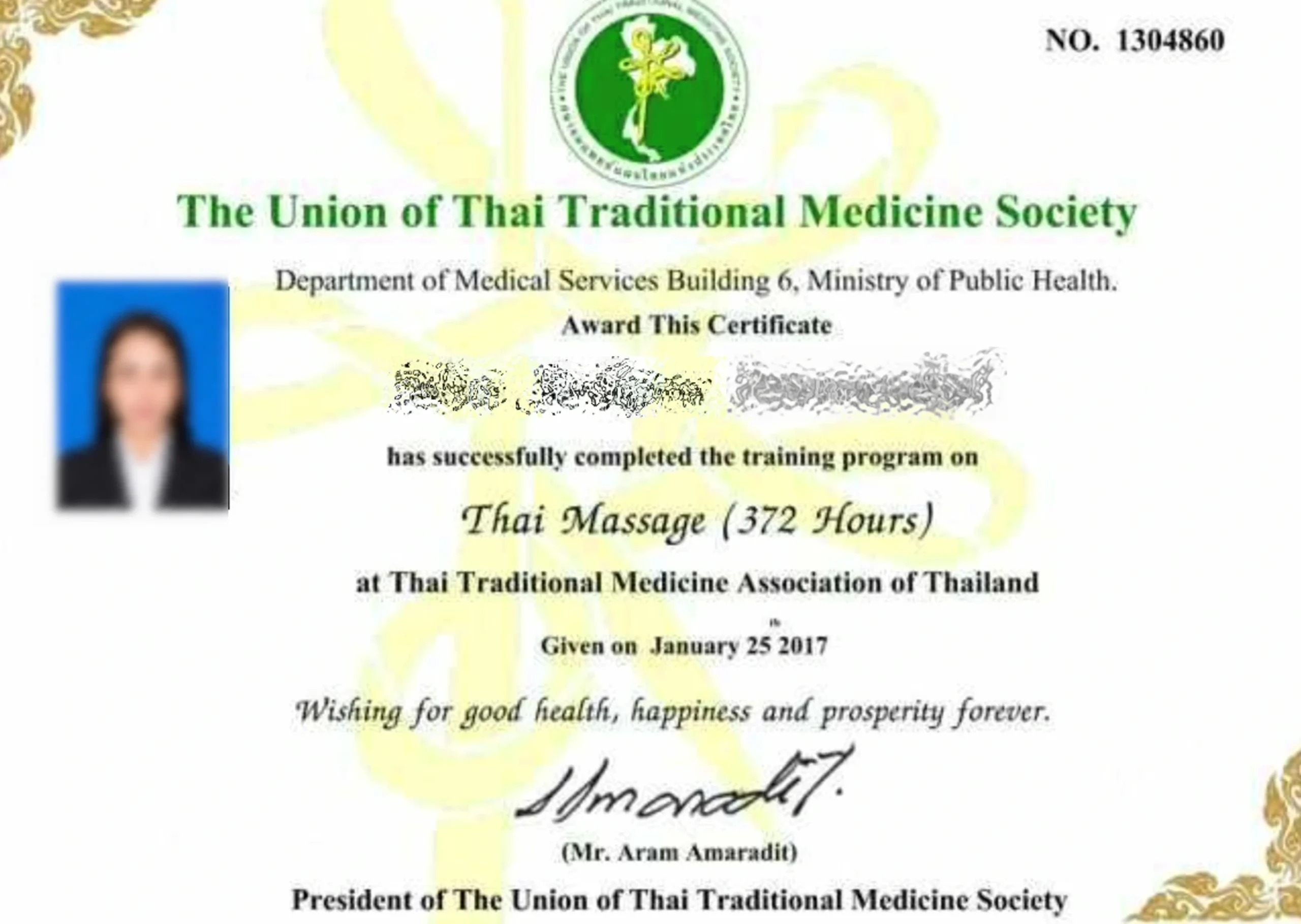 Sirikorn professional Thai massage certificate 372 hours