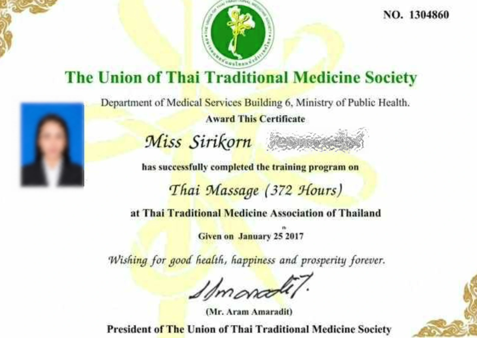 Professional Thai Massage 372 hour training certificate